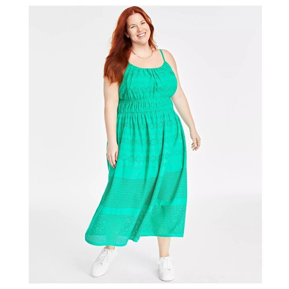 On 34th Women's Eyelet Green Midi Dress Size XL St. Patrick's Summer 100% Cotton